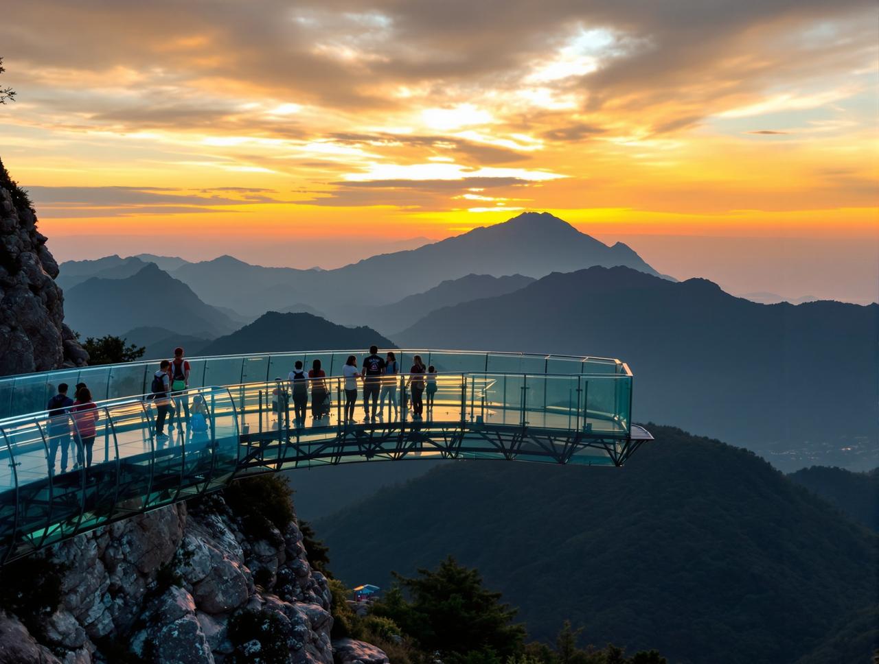 吃瓜榜单 - 景区玻璃栈道观景平台日落时分山景背景