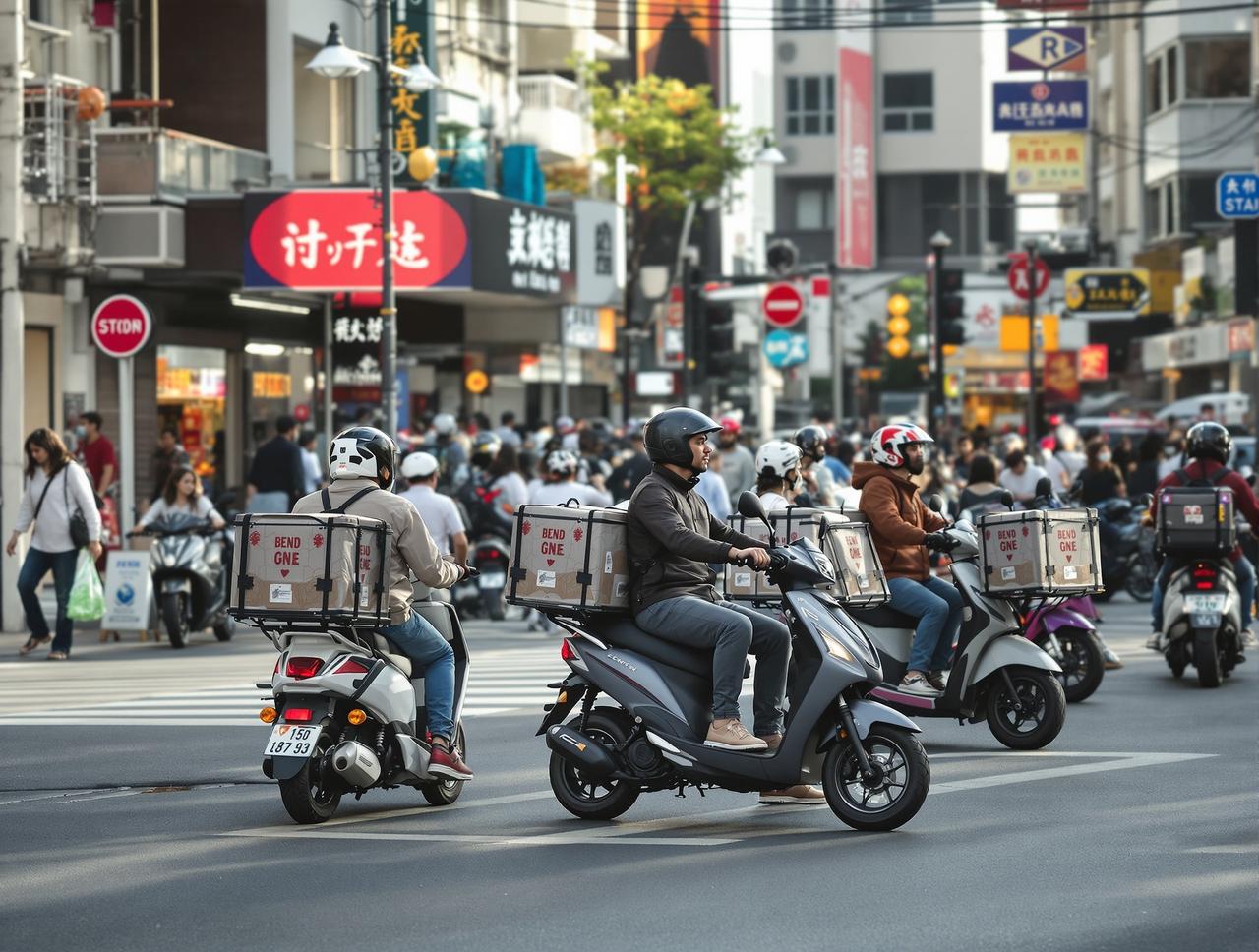 吃瓜榜单 - 城市街头外卖骑手电动车穿梭于商业区