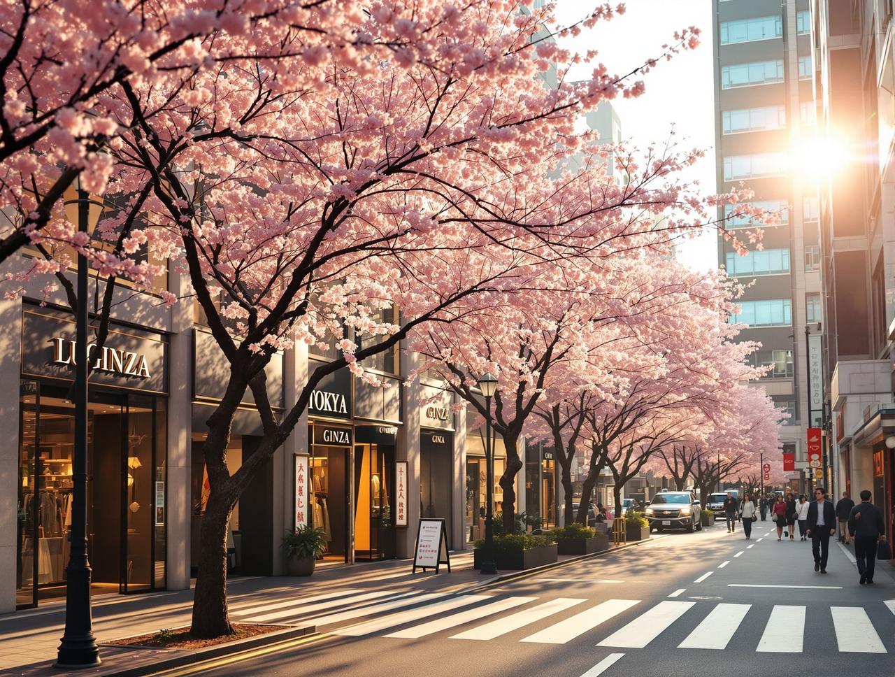 吃瓜榜单 - 东京银座街头春日樱花和奢侈品店,浪漫氛围