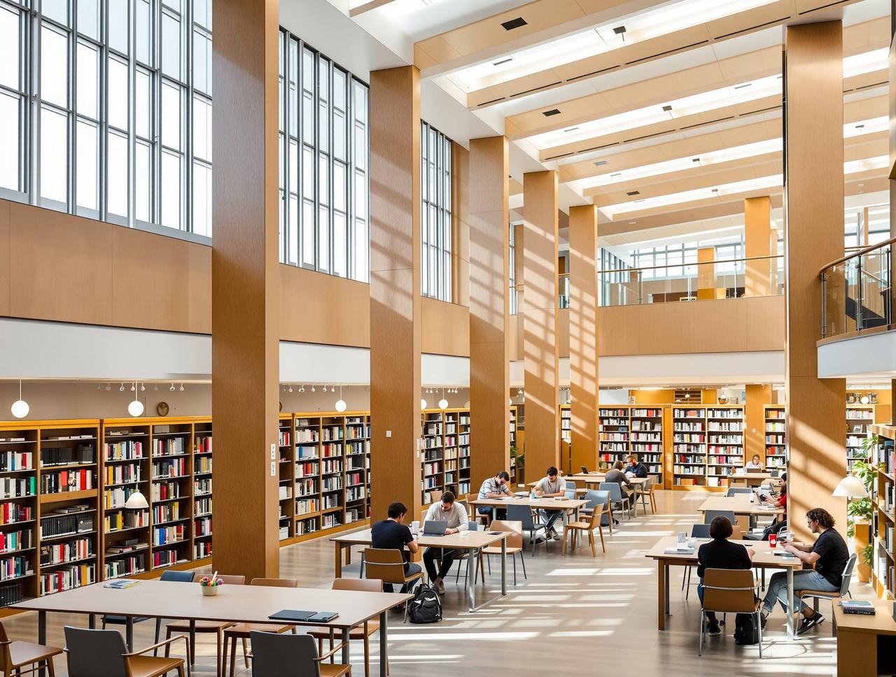 吃瓜榜单 - 大学图书馆内景书架和阅读区,学术氛围浓厚